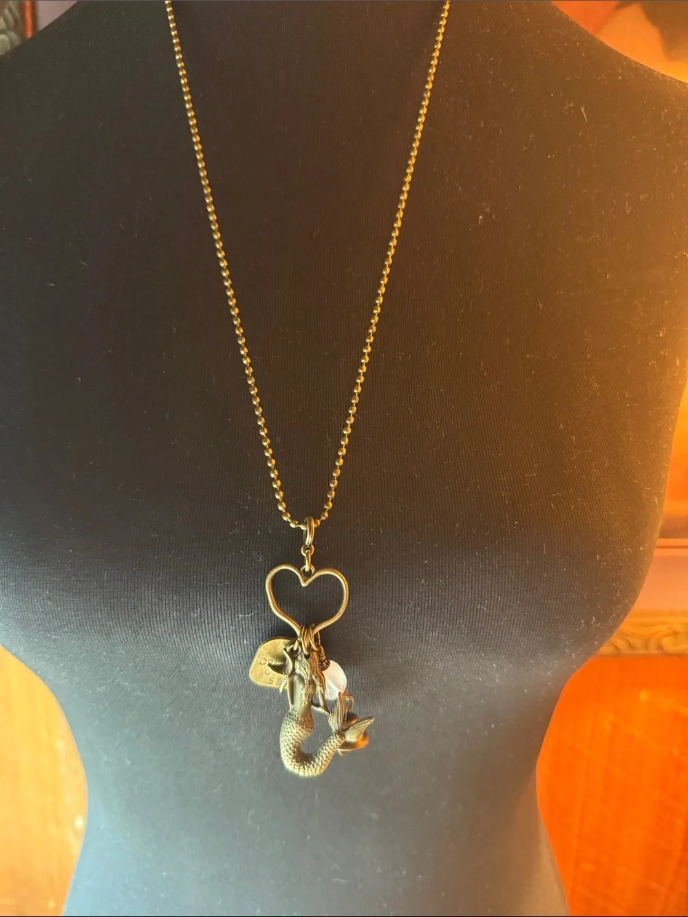 Vintage-Inspired Bronze Mermaid & rose quartz Charm 26” Necklace - Bronze